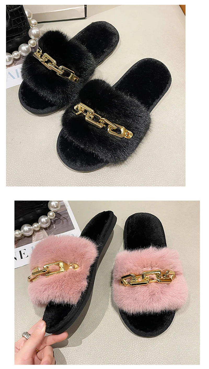 Fluffy Slippers Home Winter Casual Chain Designer Shoes Women 2024 Indoor Platform Plush Slides Girls Fashion Elegant Large Size