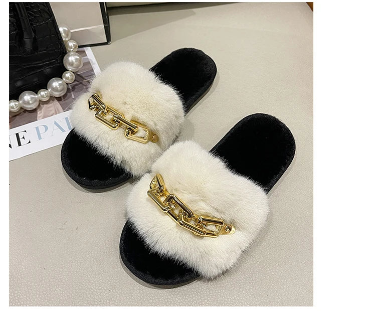 Fluffy Slippers Home Winter Casual Chain Designer Shoes Women 2024 Indoor Platform Plush Slides Girls Fashion Elegant Large Size