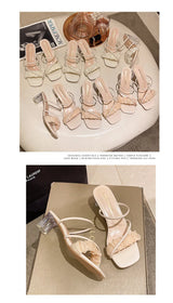 Transparent, Sandals Thick High Heels, Summer Fashion with Temperament Glass Shoes, Sexy Wear Fashion Slippers, Women's Shoes