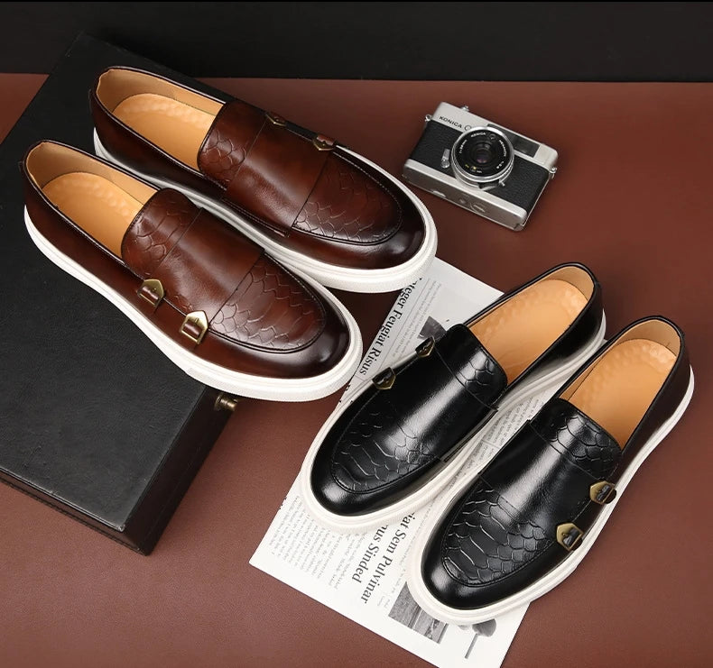 Man Casual Shoes Fashion Snakeskin Grain Leather Men's Retro British Style Loafers Slip-on Outdoor Flats Monk Shoe