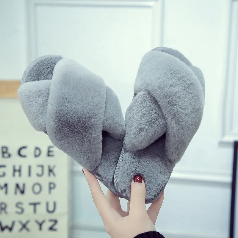 Warm Fluffy Slippers Women's Plush Slippers Comfortable Faux Fur Cross Indoor Floor Slippers Flat Soft Fur Shoes Ladies Women