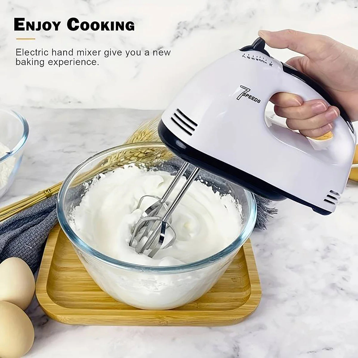 220V EU Plug White Color Handheld Electric Egg Beater, Household Automatic Mixer, Egg White and Cream Beater, Mini 7-speed