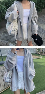 Duomofu Korean Style Oversize Gray Hoodies Women Streetwear Loose Hooded Sweatshirt Female Casual Black Long Sleeve Tops Jacket