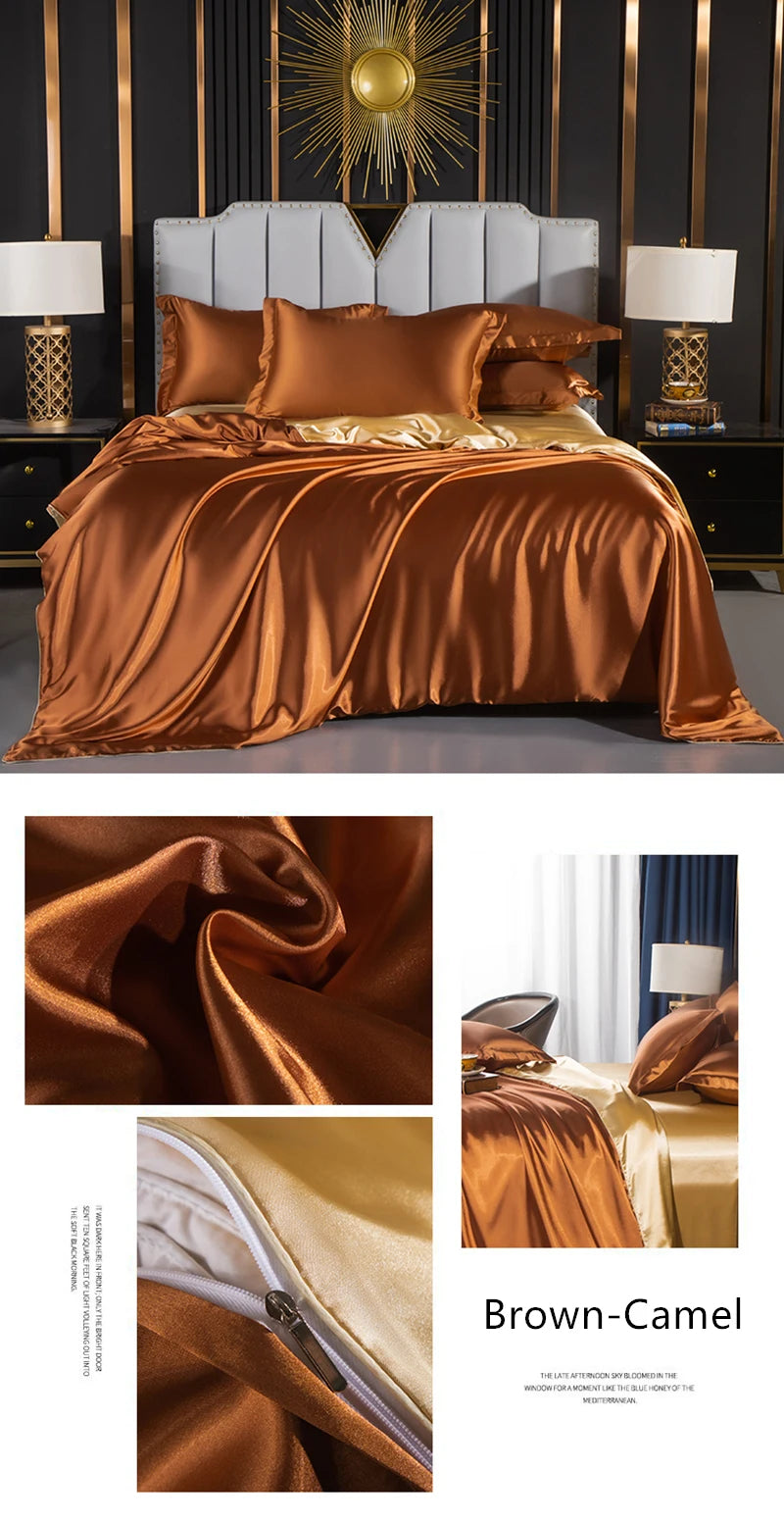 Solid Silk Bedding Set with Duvet Cover Fitted/Flat Bed Sheet Pillowcase Luxury Couple Bedsheet King Queen Double Twin Size