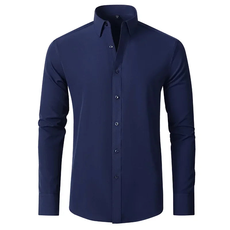 6xl New Spring and summer  elastic force non-iron men's long-sleeved business casual shirt solid color mercerized vertical shirt