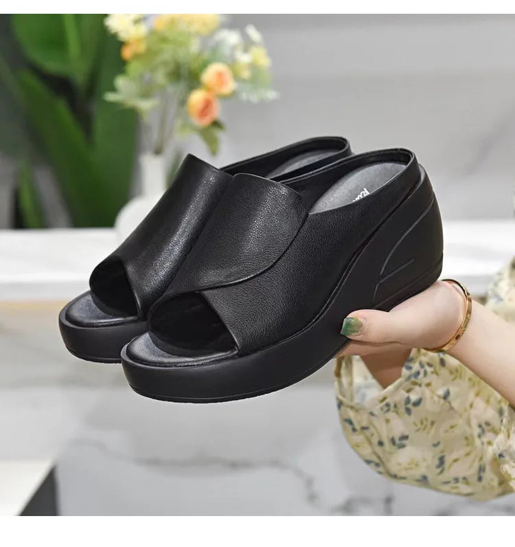 New Women Sandals Women Slippers Black Wedge Platform Open Toe Women Orthopedics Thick Bottom Beach High Heels Slides