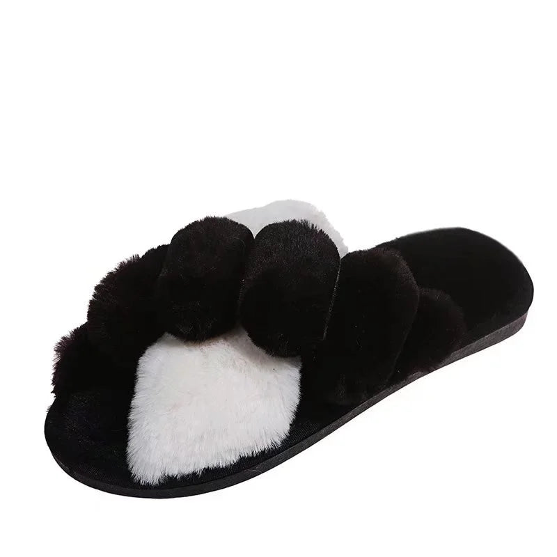 Women Winter House Furry Slippers Fluffy Faux Fur Home Slides Flat Fashion Indoor Floor Shoes Ladies Flip Flops Chaussure Femme