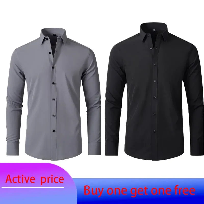 6xl New Spring and summer  elastic force non-iron men's long-sleeved business casual shirt solid color mercerized vertical shirt