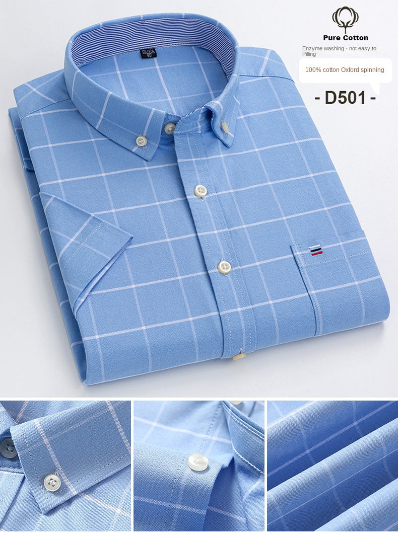 100% Cotton Men Oxford Shirt Short Sleeve Summer Plaid Striped Male Clothes Business Regular Fit Dress Shirt Oversized 7XL 6XL