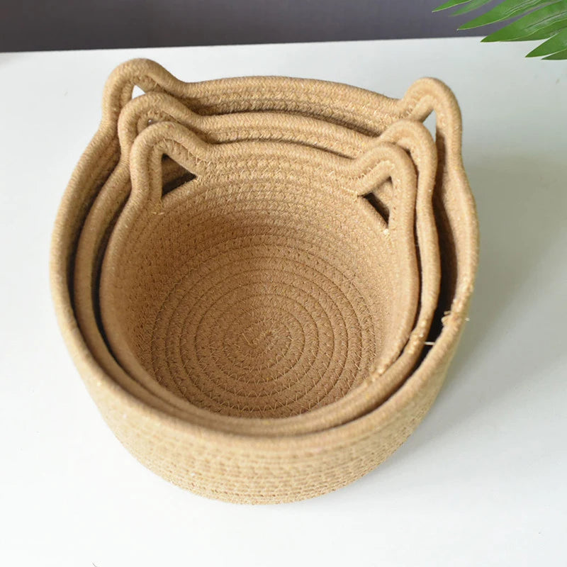 Woven Cotton Rope Cat's ear Nordic  Storage Baskets  Desktop Sundries Kids Toys Organizer Box Dirty Clothes Laundry Basket Hampe