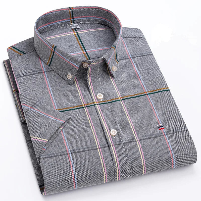 100% Cotton Men Oxford Shirt Short Sleeve Summer Plaid Striped Male Clothes Business Regular Fit Dress Shirt Oversized 7XL 6XL