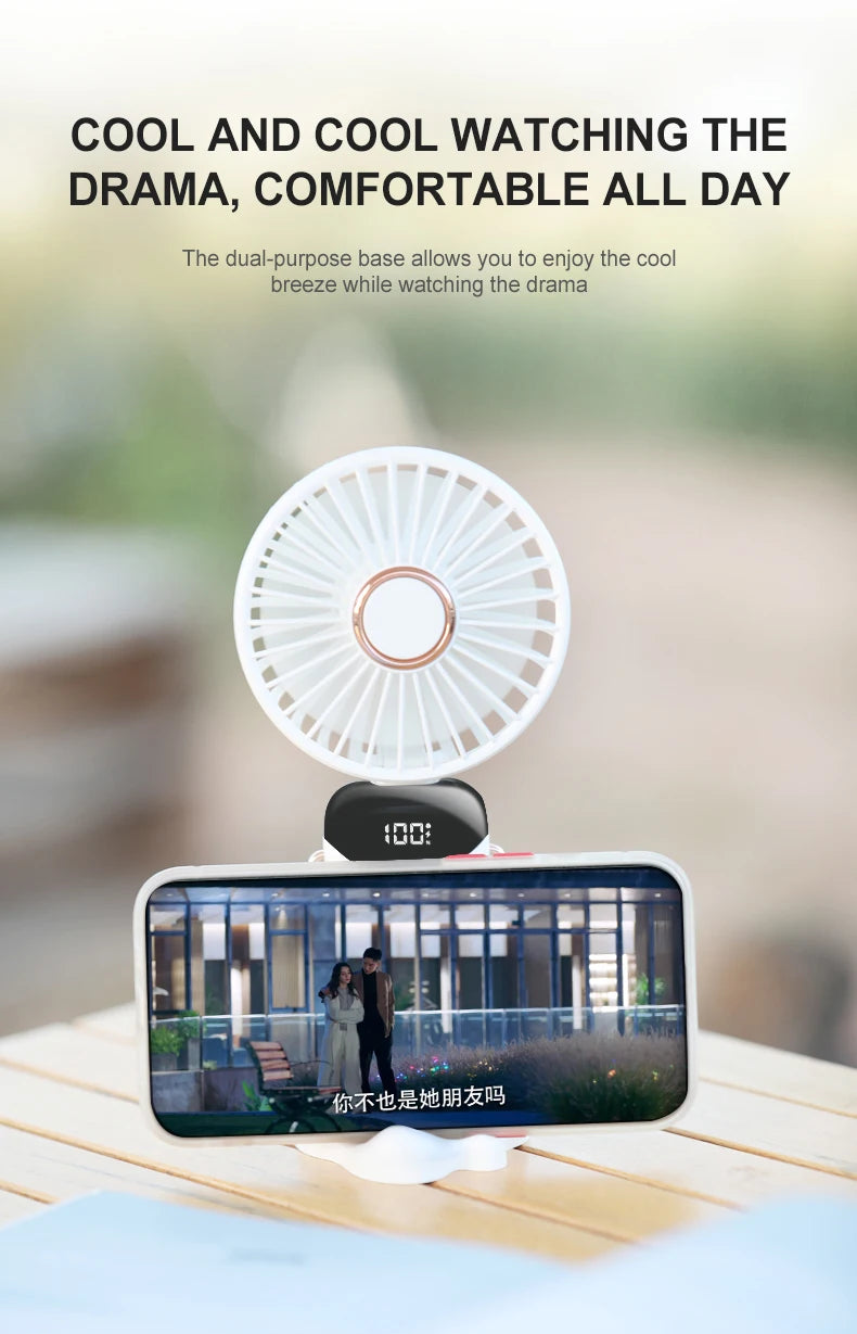 USB Handheld Mini Fan Foldable Portable Neck Hanging Fans 5 Speed USB Rechargeable Fan with Phone Stand and Display Screen