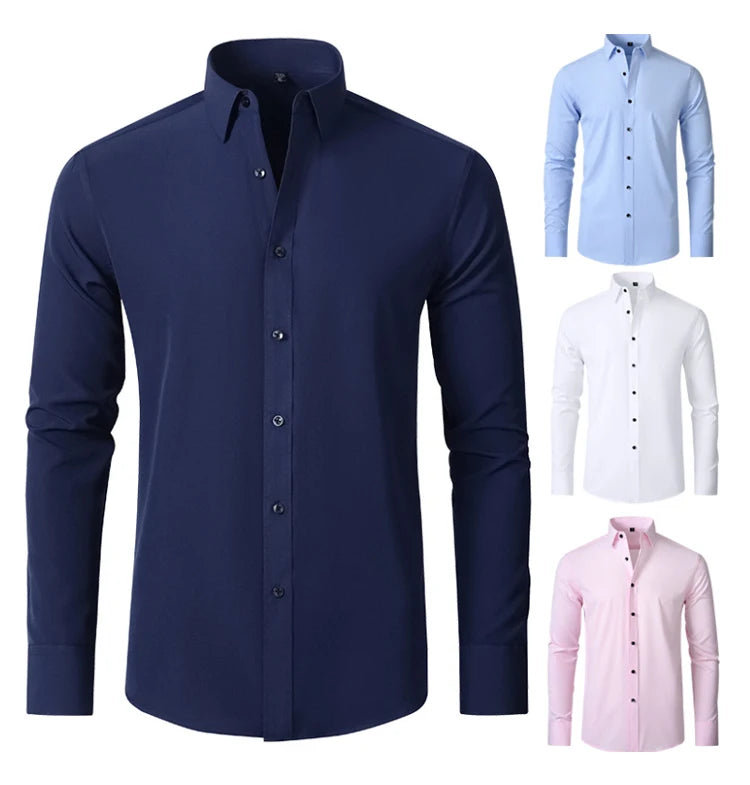 6xl New Spring and summer  elastic force non-iron men's long-sleeved business casual shirt solid color mercerized vertical shirt