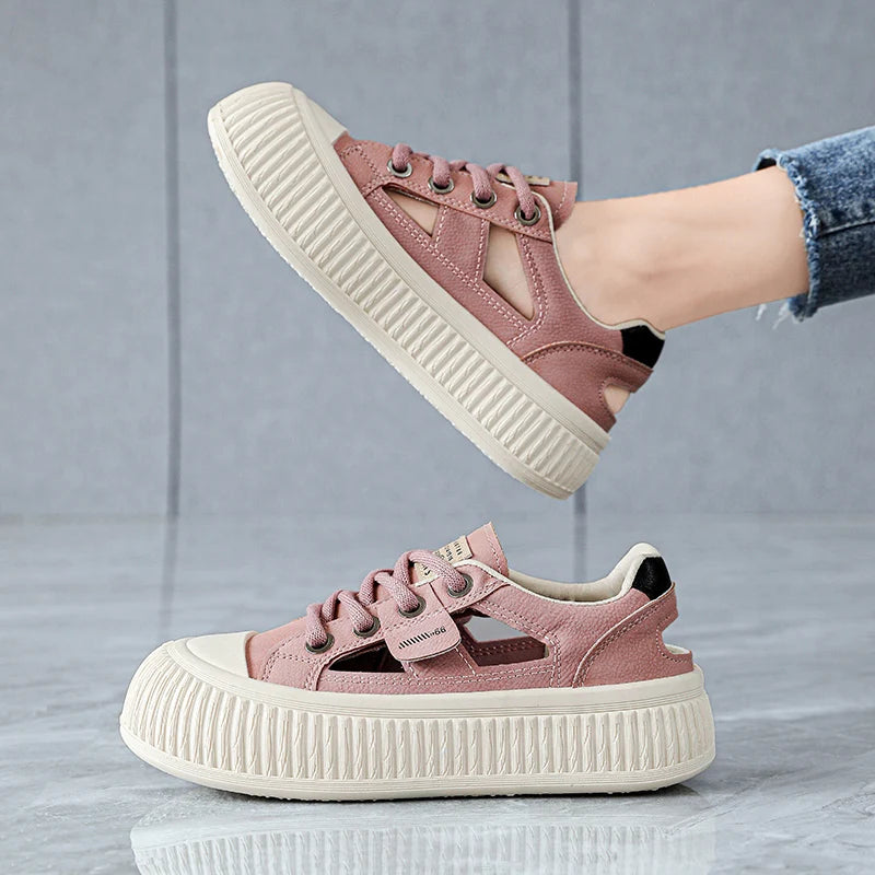 New Trend Summer Women's Baotou Shoes Hollow Out Breathable Soft Comfortable Board Shoes Flat Thick bottom Outdoor Casual Shoes