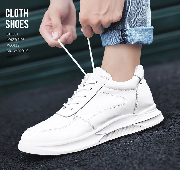 White Leather Sneakers with Thick Soles Men Shoes Outdoor Men Formal Shoes Invisible Inner Height Increasing Men's Shoes 6/8 CM