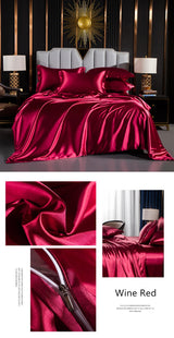 Solid Silk Bedding Set with Duvet Cover Fitted/Flat Bed Sheet Pillowcase Luxury Couple Bedsheet King Queen Double Twin Size