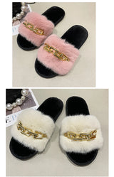 Fluffy Slippers Home Winter Casual Chain Designer Shoes Women 2024 Indoor Platform Plush Slides Girls Fashion Elegant Large Size