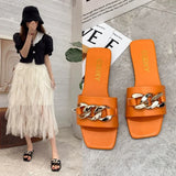 Cute 2022 Women Summer Slipper Square Toe Chain Slippers Slip on Flat Slide Sandals Beach Flip Flops Casual Shoe Ladies Big Size