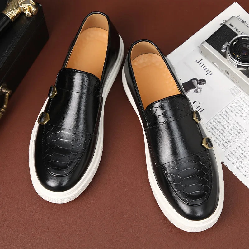 Man Casual Shoes Fashion Snakeskin Grain Leather Men's Retro British Style Loafers Slip-on Outdoor Flats Monk Shoe