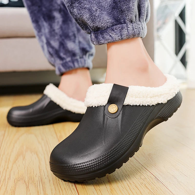 MAEDEF Men Women Slippers Waterproof EVA Warm Furry Wrapped Slippers Indoor Home Cotton Shoes Fur Slides Plush Winter Slippers