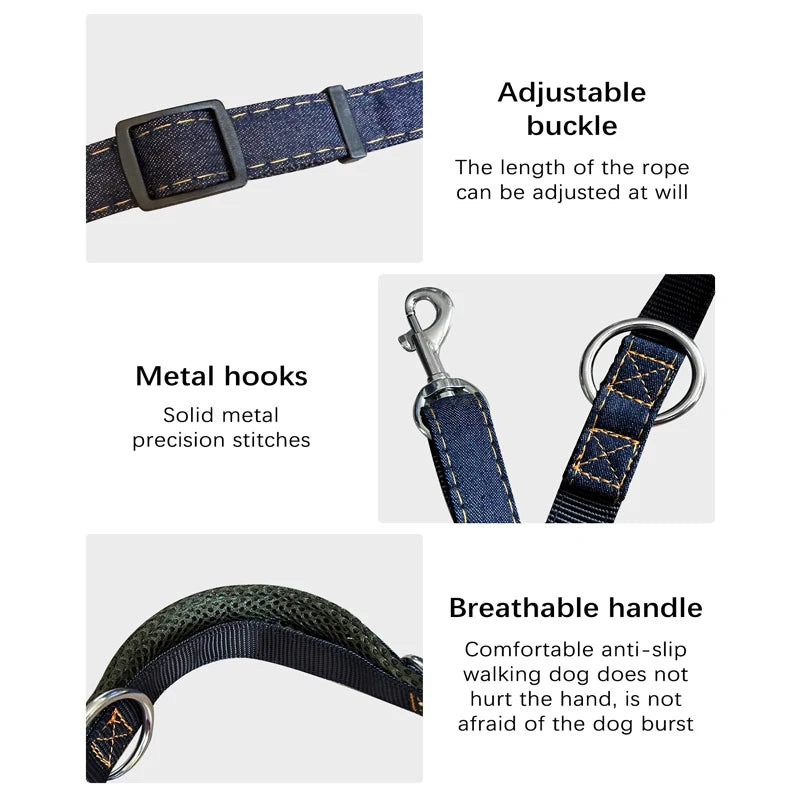 Multifunctional Jean Cloth Dog Leash Adjustable Length Free Hands Double Heads Leash for Small Medium Large Dogs Walking Running