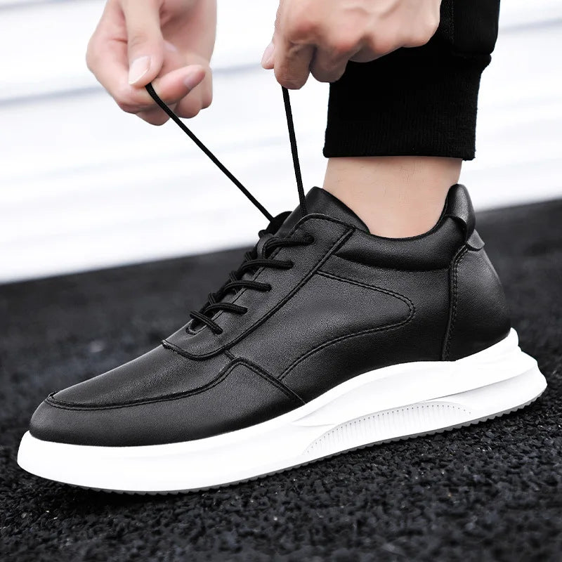 White Leather Sneakers with Thick Soles Men Shoes Outdoor Men Formal Shoes Invisible Inner Height Increasing Men's Shoes 6/8 CM