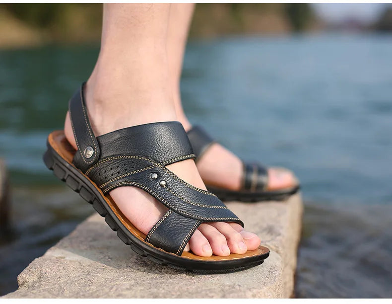 Summer Men's Leather Sandals Outdoor Non-slip Men's Beach Sandals Handmade Leather Men's Shoes Fashion Men Flip-flops