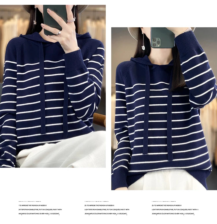 New Striped Wool Hoodies And Sweatshirts For Women Long Sleeve Sweaters Knitted Jumpers Female Outerwears Fashion Hoody Clothing