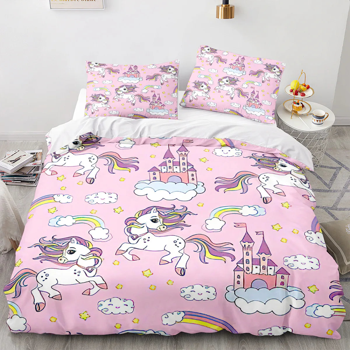 Unicorn Duvet Cover Set Cartoon Galaxy Rainbow Colourful Unicorn Cute Romantic Theme for Kids Girls Polyester Comforter Cover