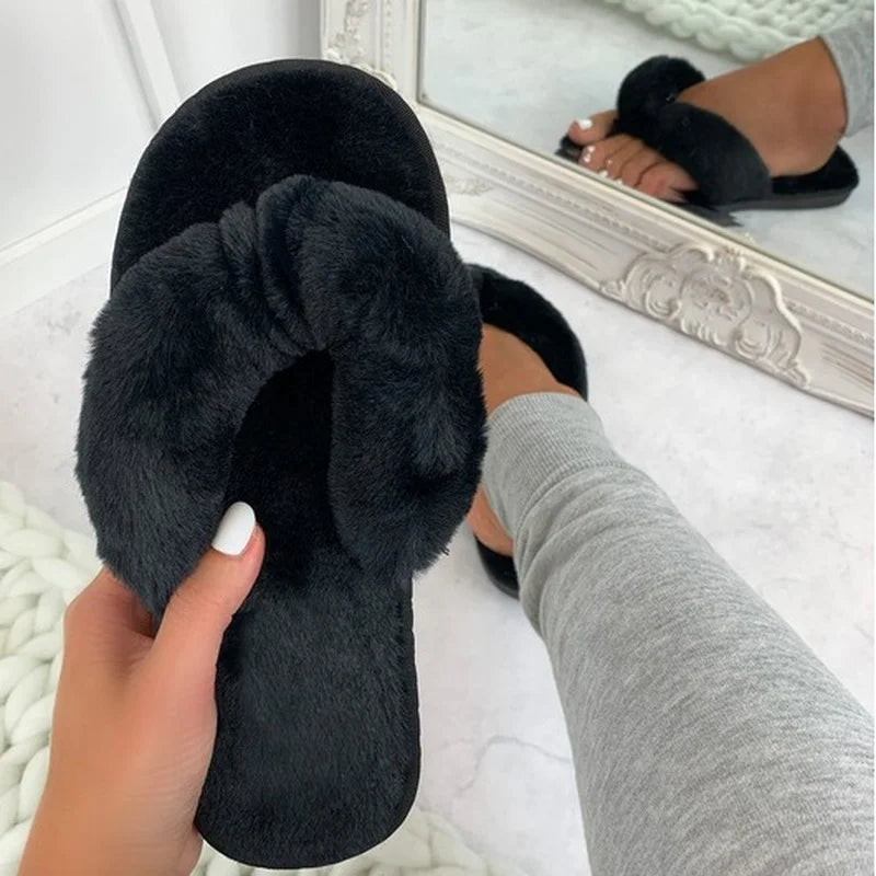 Warm Fluffy Slippers Women Cozy Faux Fur Cross Indoor Floor Slides Flat Soft Furry Shoes Ladies Female Celebrities Flip Flops