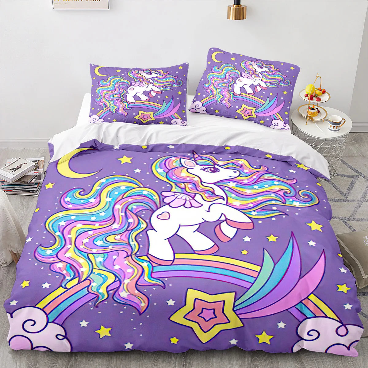 Unicorn Duvet Cover Set Cartoon Galaxy Rainbow Colourful Unicorn Cute Romantic Theme for Kids Girls Polyester Comforter Cover