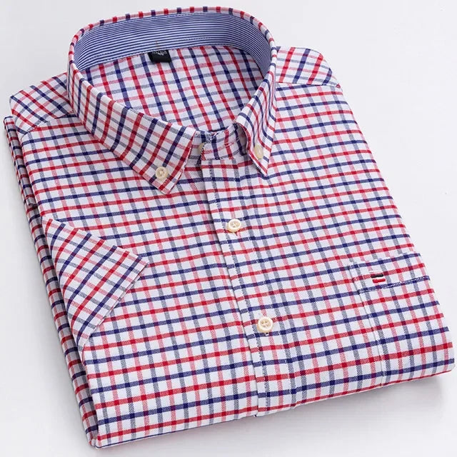 2023 100% Pure Cotton Men's Oxford Short Sleeve Square Collar Soild Plaid Striped Summer Casual Shirts Single Pocket  Shirt