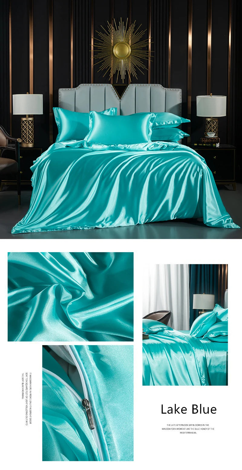 Solid Silk Bedding Set with Duvet Cover Fitted/Flat Bed Sheet Pillowcase Luxury Couple Bedsheet King Queen Double Twin Size