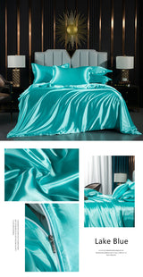 Solid Silk Bedding Set with Duvet Cover Fitted/Flat Bed Sheet Pillowcase Luxury Couple Bedsheet King Queen Double Twin Size