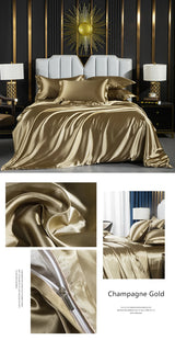 Solid Silk Bedding Set with Duvet Cover Fitted/Flat Bed Sheet Pillowcase Luxury Couple Bedsheet King Queen Double Twin Size