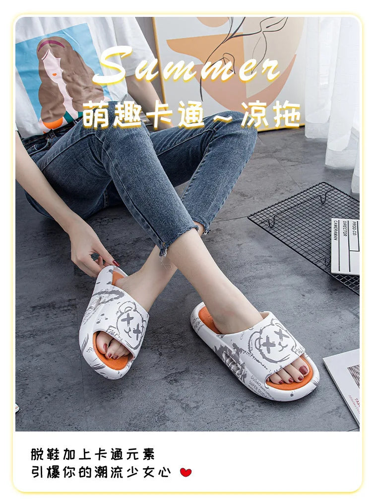 Women Slippers Thick Platform Sandals Men Summer Home Slippers Indoor Mute Soft-soled Flip Flops Couple Non-slip Slipper