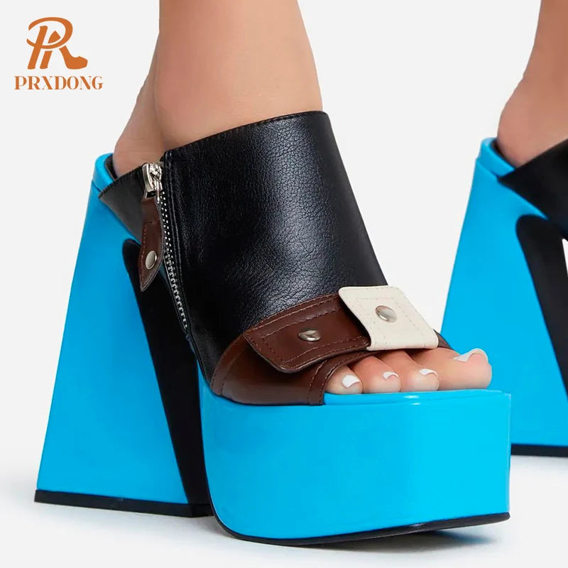 PRXDONG New Summer Women's Shoes Sexy High Heels Thick Platform Shoes Black Blue Dress Party Casual Female Slippers Size 34-43