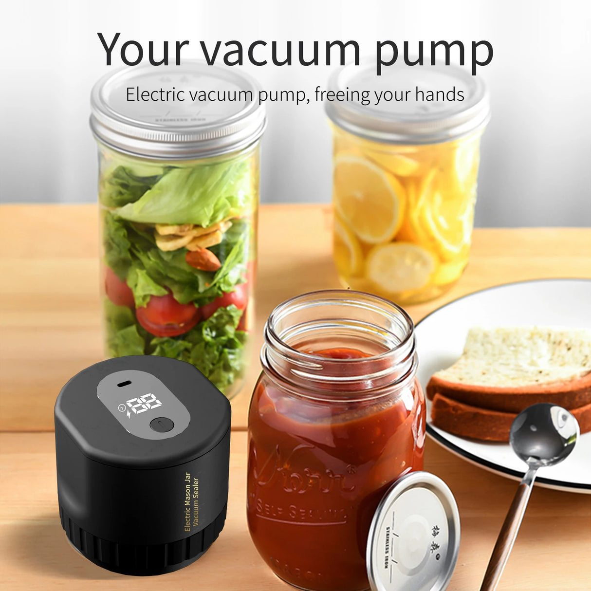 Electric Mason Jar Vacuum Sealer, Cordless Vacuum Sealer Kit for Wide-Mouth and Regular-Mouth Mason Jars, for Food Storage