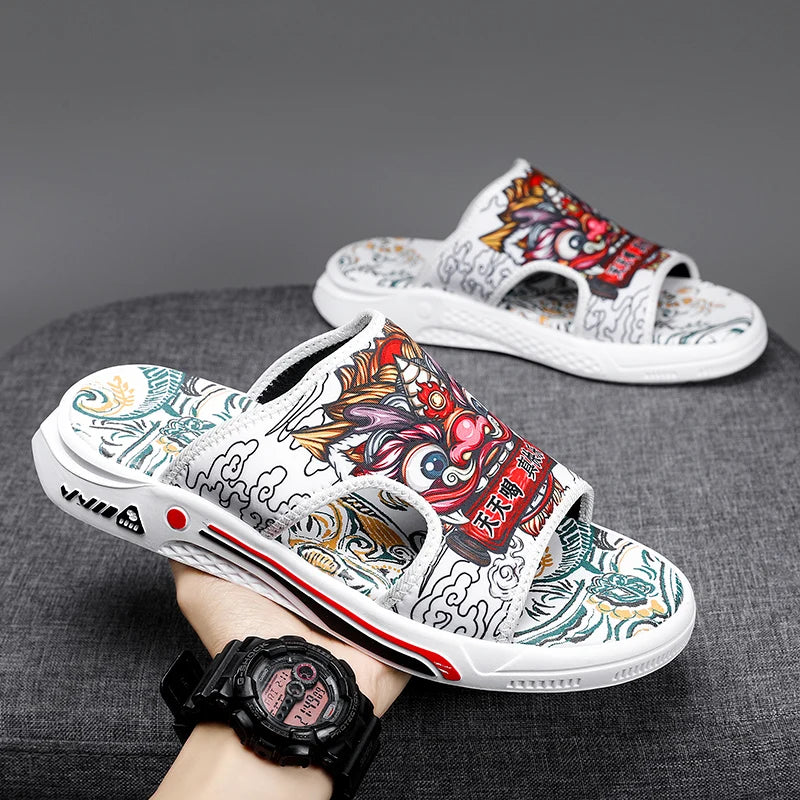 CYYTL Mens Slippers Printed Casual Summer Sandals Leather Fashion  Outdoor Beach Slides Male Shoes Platform Fisherman Flip-Flops