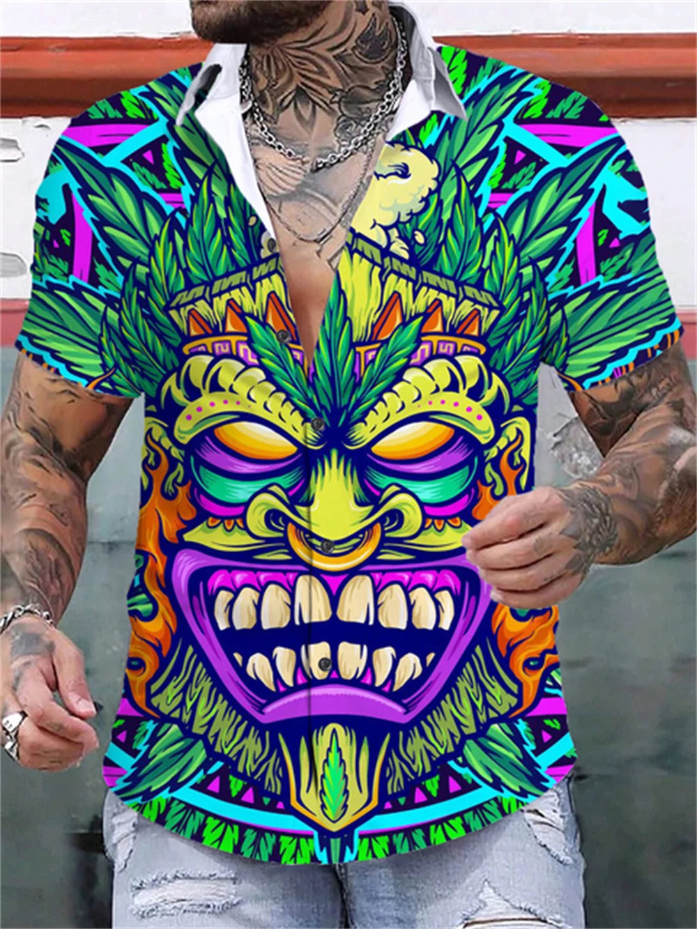 Tiki Hawaiian Shirts For Men 2024 New Men's Shirt 3d Printed Short Sleeved Shirt Simple Casual Tops Loose Oversized Men Clothing