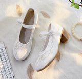 Veowalk  4cm Block Heels Women Cotton Embroidered Mary Jane Shoes Elegant Soft Comfortable Retro Costume Pumps White Beige