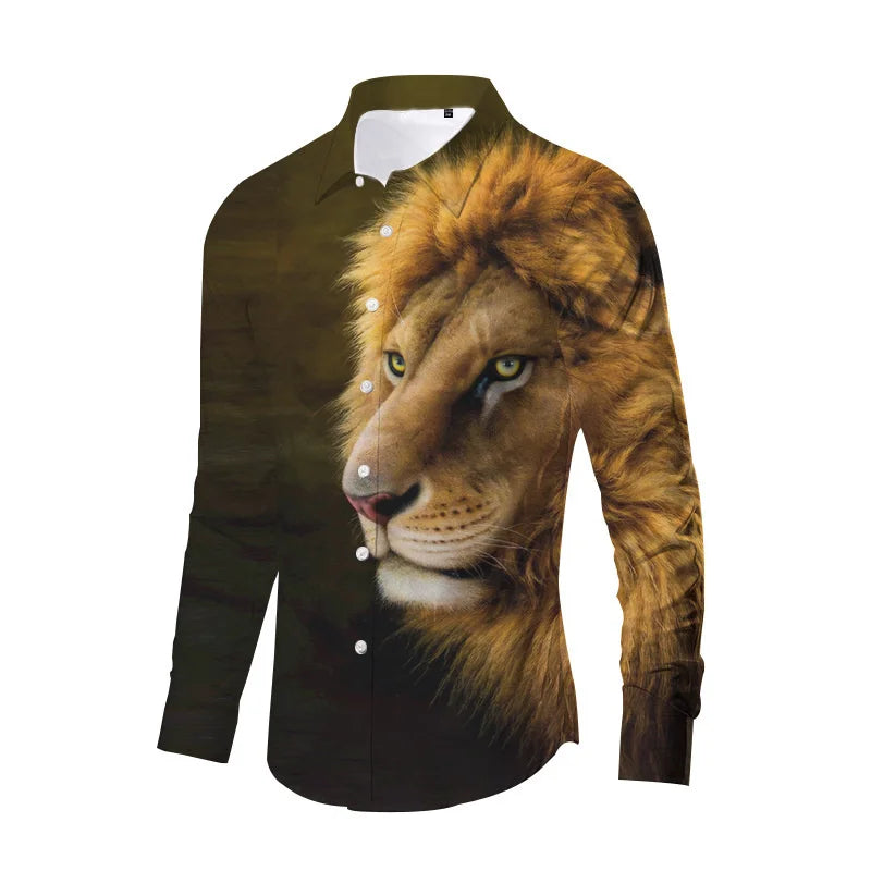 Tiger Print Long Sleeve Shirt For Men Clothing 3D Lion Pattern Spring Autumn Long Sleeve Tops Street Casual Fashion Long Sleeved