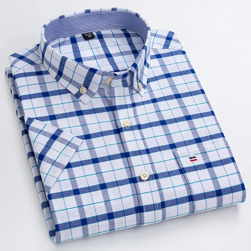 100% Cotton Men Oxford Shirt Short Sleeve Summer Plaid Striped Male Clothes Business Regular Fit Dress Shirt Oversized 7XL 6XL