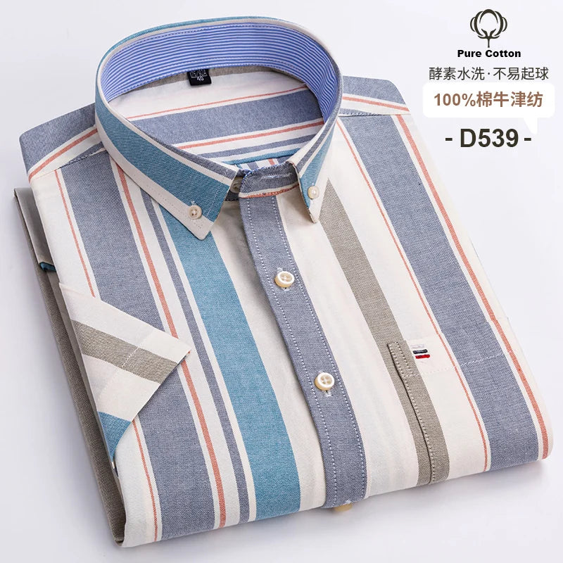 100% Cotton Breathable Men Oxford Short Sleeve Summer Plaid Shirts Striped Male Clothes Business Regular Fit Oversized