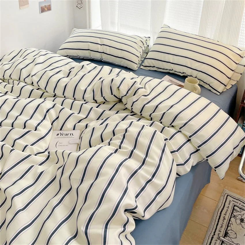 Pure Cotton Home Textile Blue Striped Bedding Set Simple Soft Duvet Cover Sheet Pillowcase Ins Style Bed Linens Queen King Size