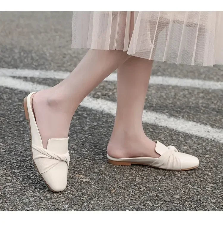 2023 Luxury Woman Mules Summer Close Toe Women Slippers Bowtie Lazy Slides Flat Heel Girl Slippers Korean Outdoor Flip Flops