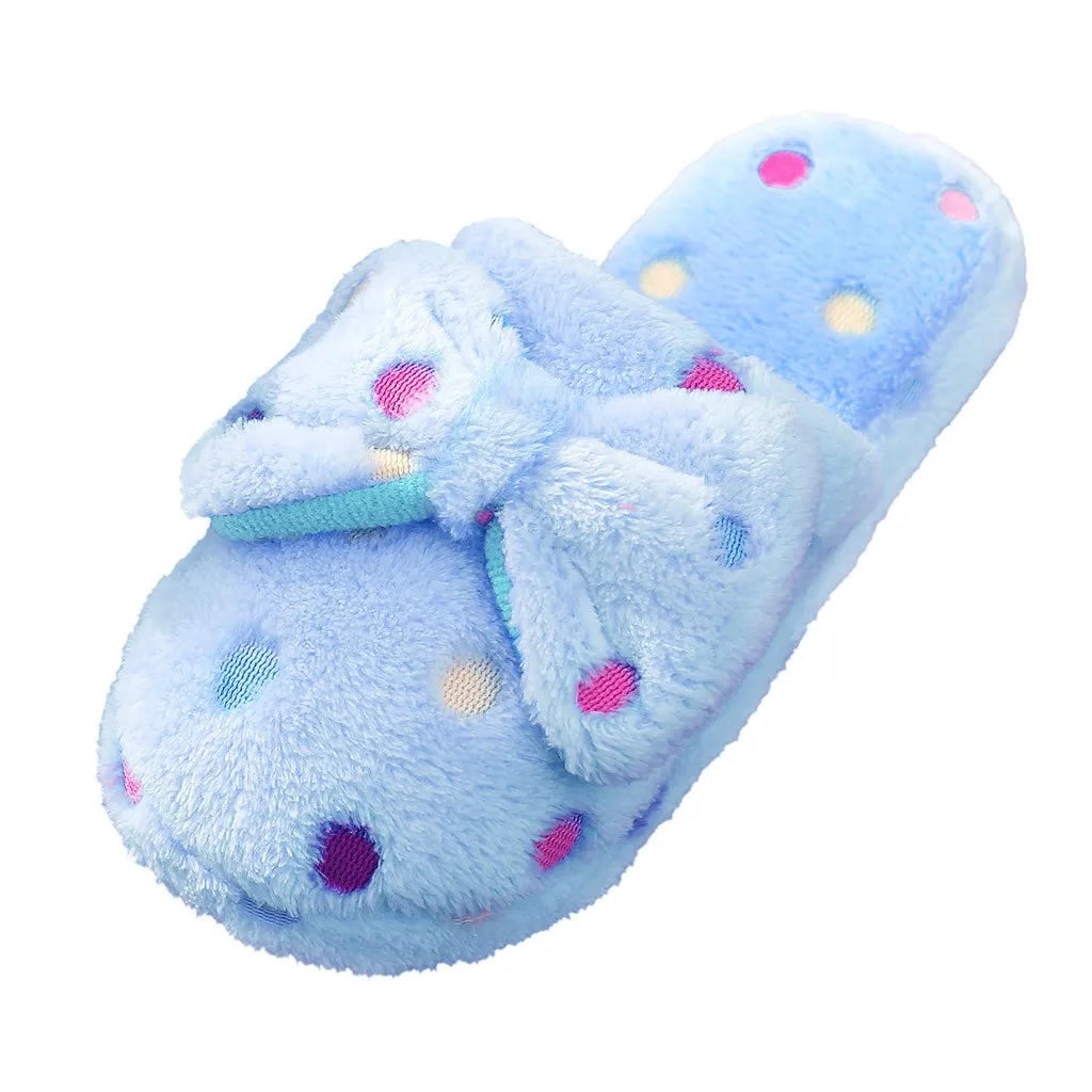 Women's Warm Home Slippers Cute Autumn Winter Bow Warmth Thick Plush Non-Slip Leisure Shoes Soft Bedroom Floor Flat Slides