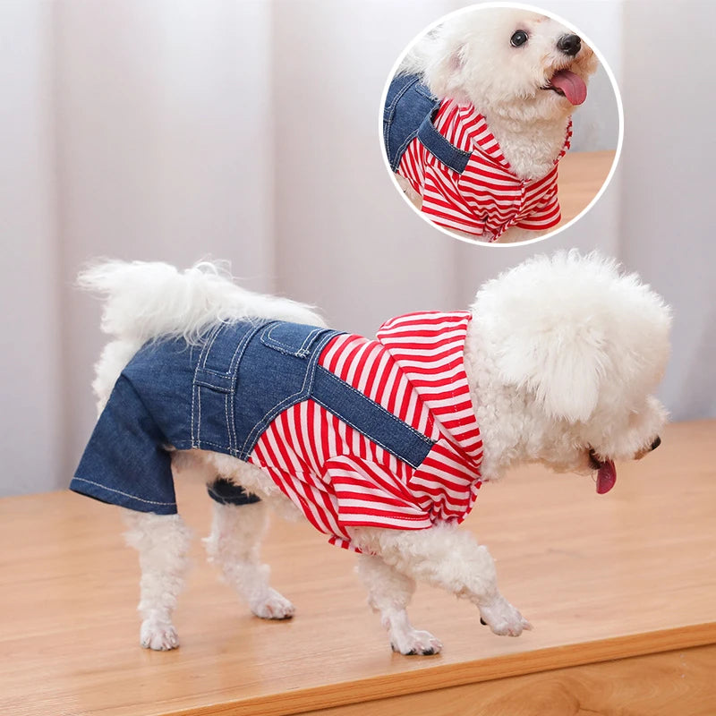 Pet Clothes Dog Cat Striped Plaid Jean Jumpsuit Hoodies Pet Costume for Small Medium Dog Chihuahua French Bulldog Puppy Clothing