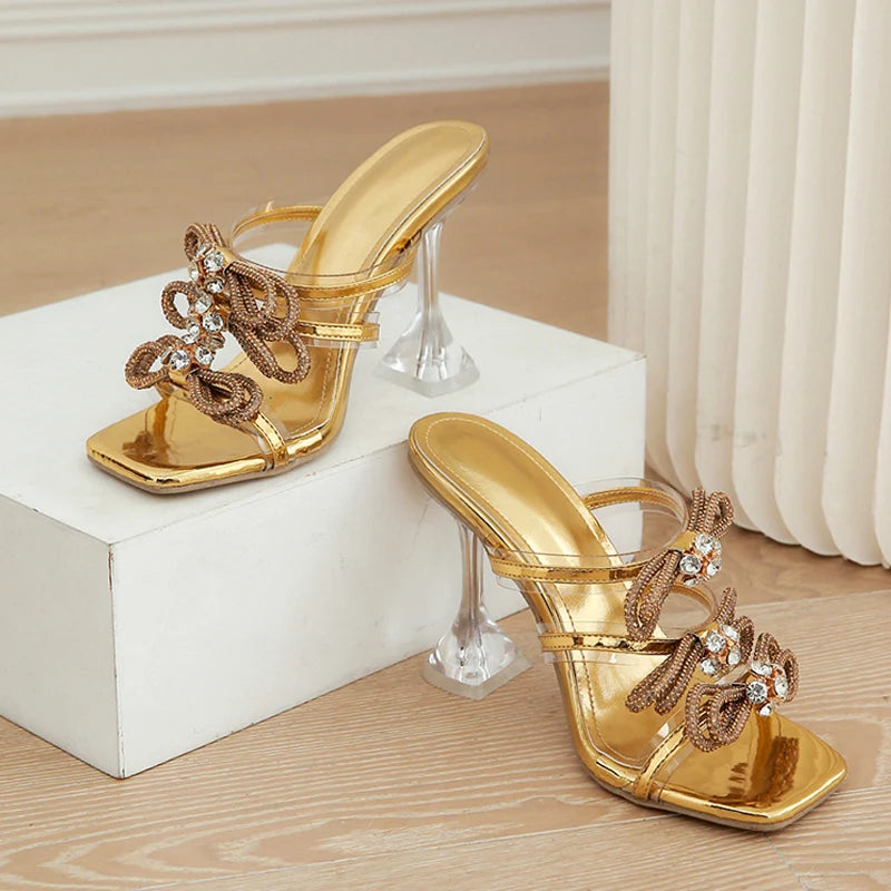 Liyke Fashion Gold Glitter Rhinestones Women Slippers Summer Crystal Bowknot High Heels Party Prom Shoes PVC Transparent Sandals