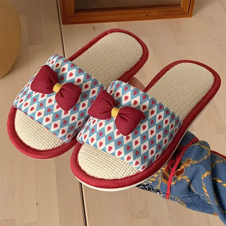 Fashion Soft Ladies Casual Cute Bow Tie Pattern Design Comfortable Female Linen Home Slippers